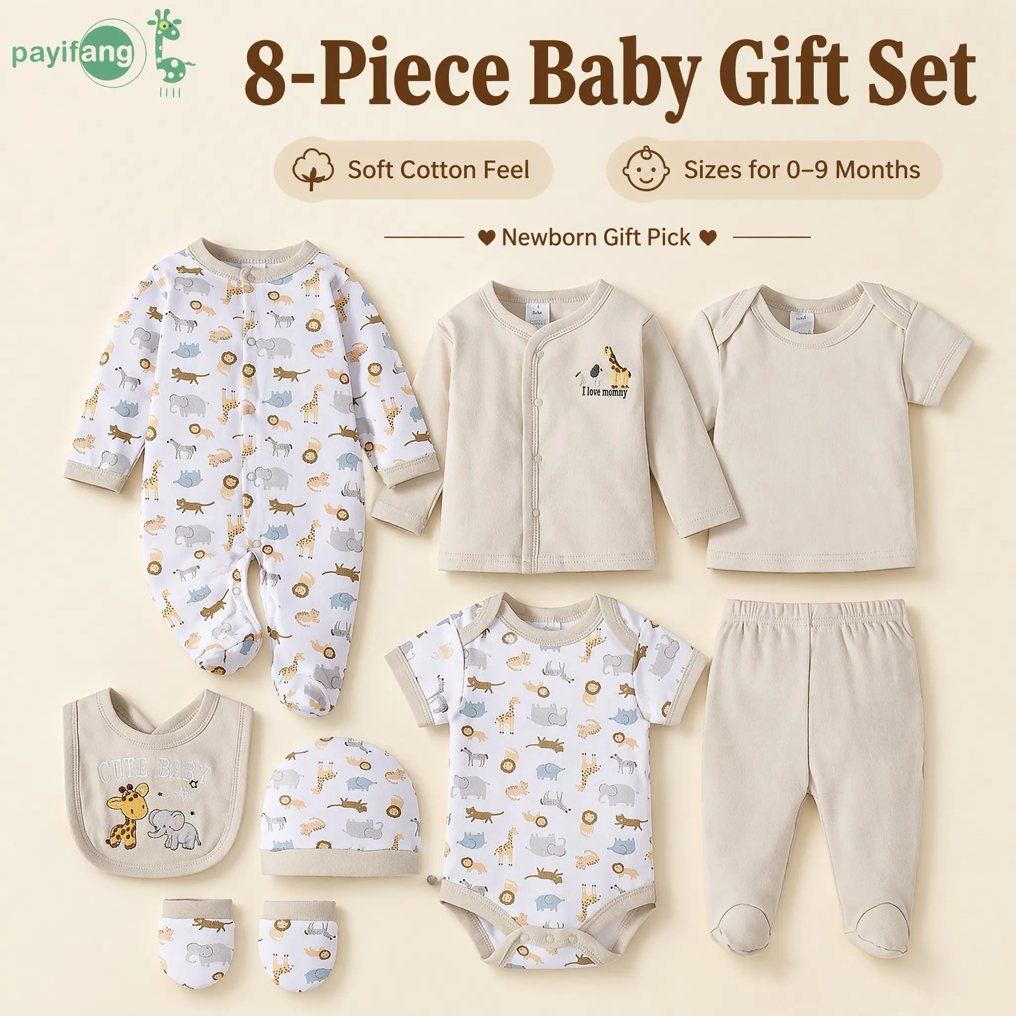 8-in-1 Newborn Essential Set | Cute Safari Animal Print Baby Clothes | Perfect for Baby Shower