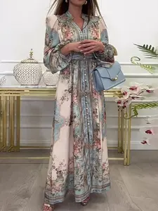 2026 Euro-American Spring New Retro V-Neck Long Sleeve Floral Flared Maxi Dress | Elegant & Romantic, Waist-Cinching Slimming, Perfect for Office & Dates Long Sleeve Dresses