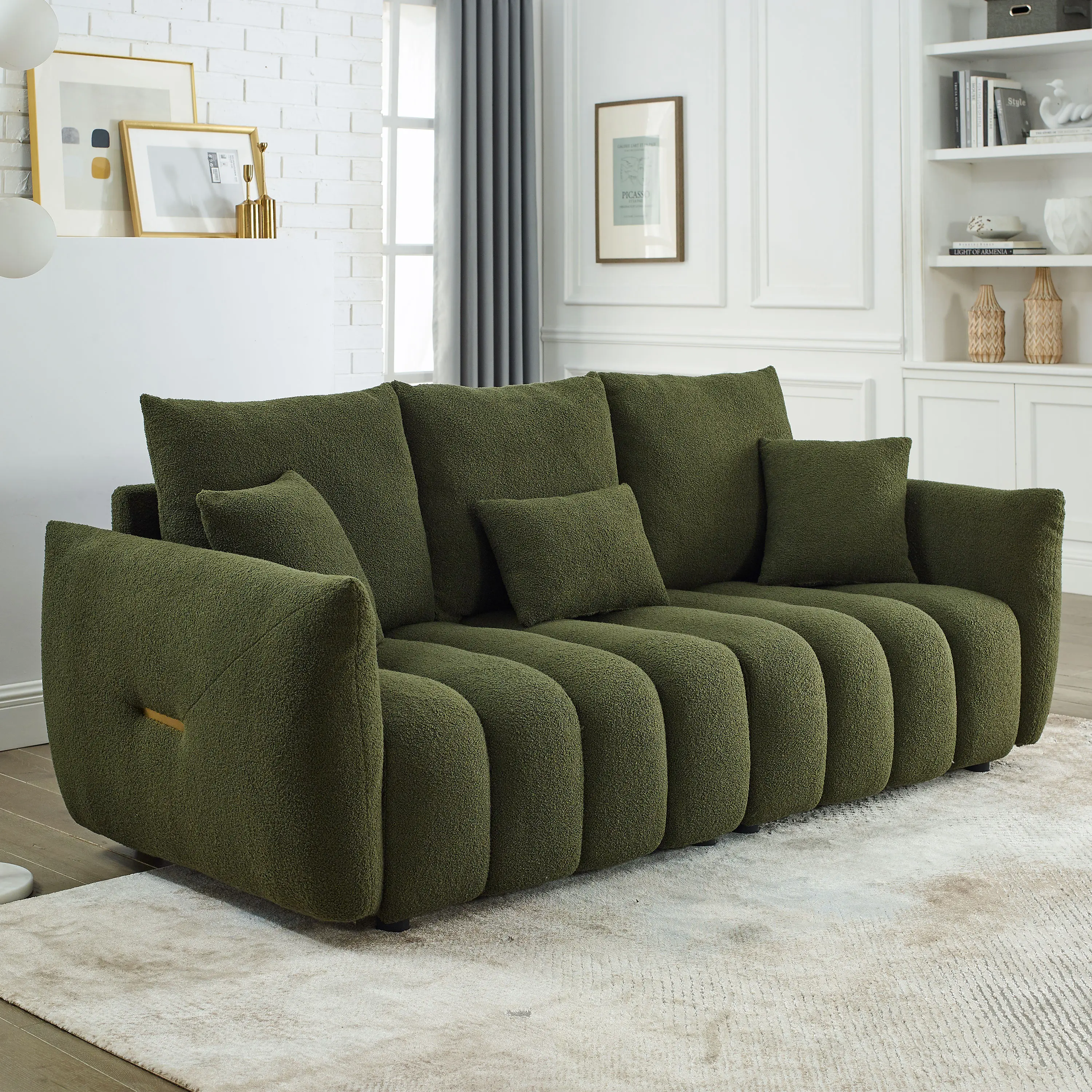 Oversized 3-Seater Teddy Sofa 79.5" with 3 Back Pillows & 3 Cushions, Solid Wood Frame Upholstered Chair for Living Room, Bedroom, Apartment & Office