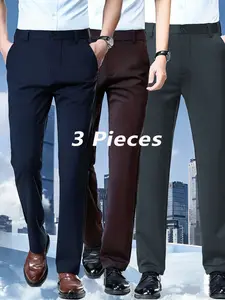 3-Pack Men's Business Casual Pants, Slim-Fit High-Waist Zipper Dress Pants, Wrinkle-Resistant, All-Season, Ideal for Office & Daily Wear