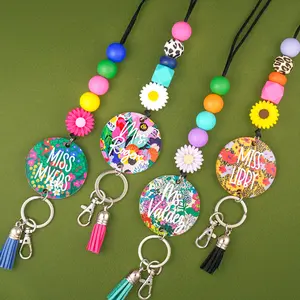 Personalized Bold Floral Teacher Lanyards with Acrylic Name Tag & Break-Away Clasp - Beaded Lanyard
