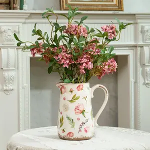 TEWEIQI Vintage Fruit and Floral Ceramic Vase with Handle, Retro Ice Glazed Crack Farmhouse Pitcher Vase for Home Decor, 7" or 9" Height