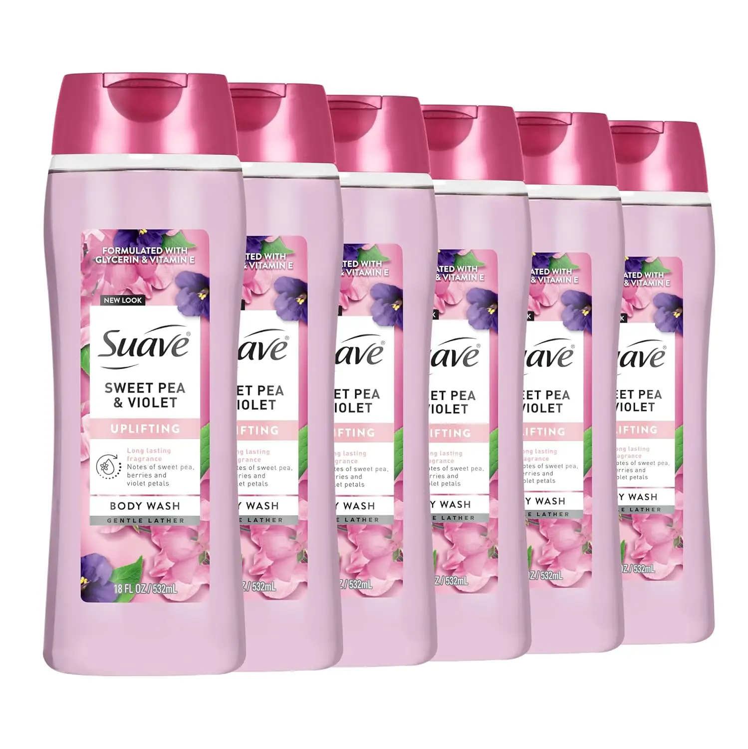Suave Moisturizing Body Wash - Sweet Pea & Violet Scent, Vitamin E Extract, Paraben-Free, Phthalate-Free, 18 fl oz (Pack of 6)