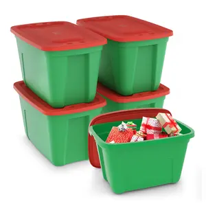 SIMPLYKLEEN 4-Pack Molded Bin Holiday Storage Containers w/ Lids 18 Gal Green/Red Stackable Plastic Totes for Christmas Decorations Gift Wraps Crafts