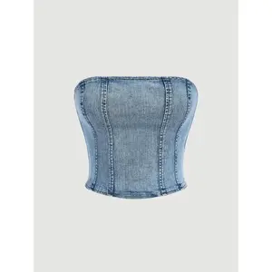 Fashion Metal Zipper Back Open Stitch Summer Denim Tube Top Vintage Style