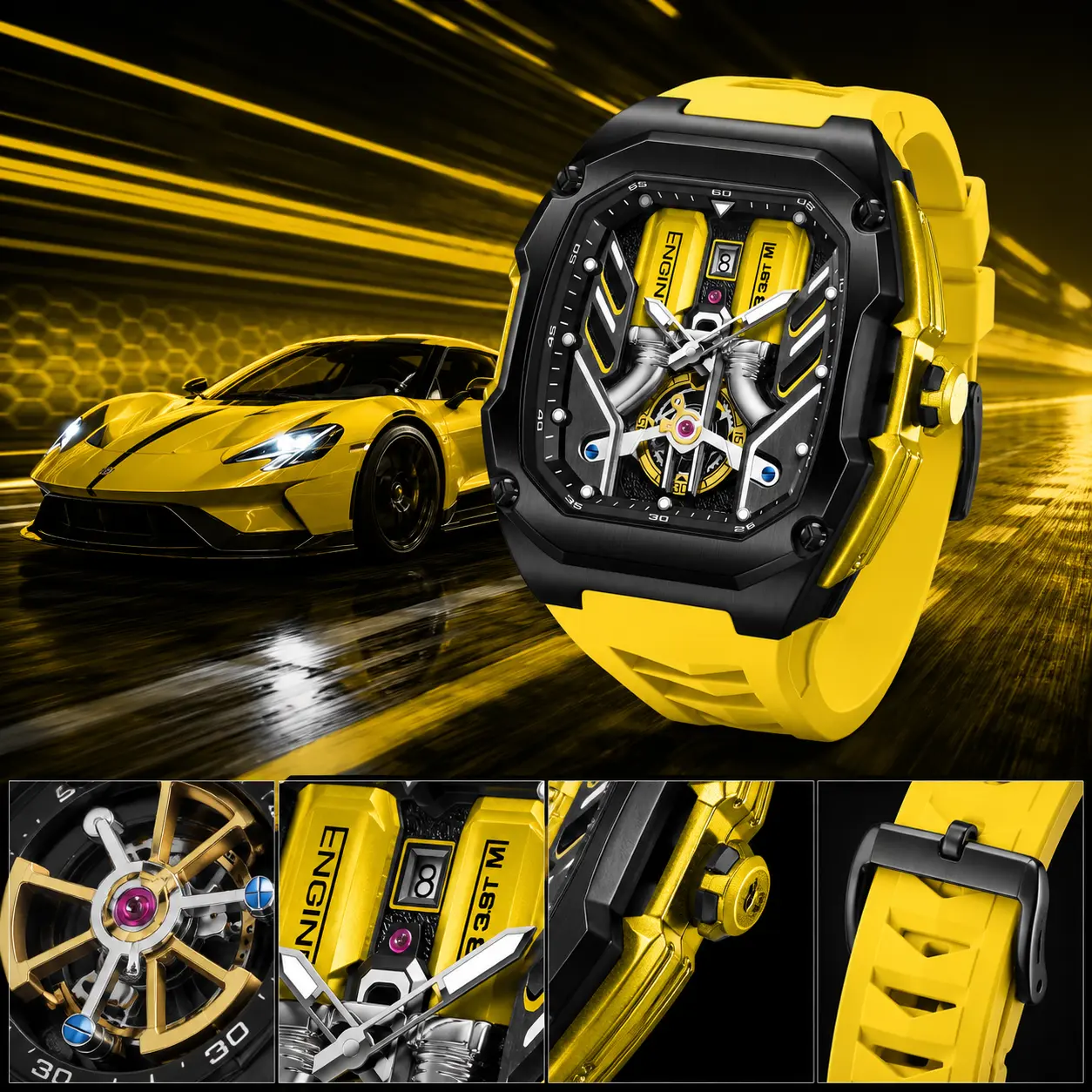 Large dial, retro, substantial, mature, versatile, high-end, multifunction, luminous, chronograph with seconds counter and date display; car series, engine series, V8, barrel shape