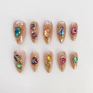 Aura Nails - 3D Gold Chrome Nails - Colorful Fritillary Gold Press on nails short almond nails - 3D Shell Nails - Elegant Nails - Aurora Nails - Holiday Nails