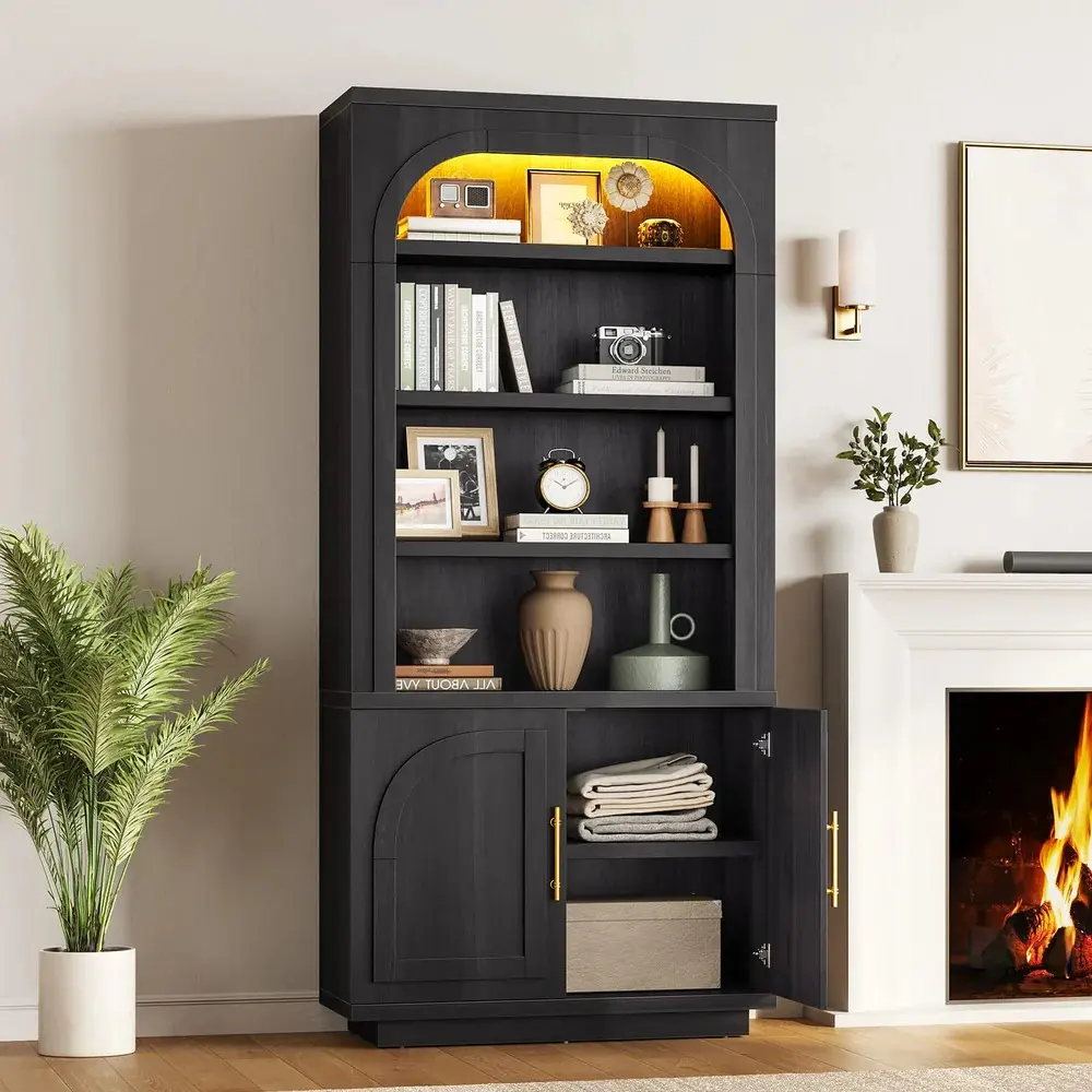 Sikaic Arch Bookshelf with LED Cabinets and Adjustable Shelves Matte Black Mid-Century Modern 6-Tier Bookcase, 60lb Capacity Per Shelf, Anti-Tip Wall Anchor, Easy Assembly