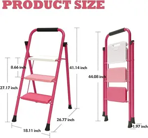 3 Step Ladder,Portable Folding Step Stool with Wide Anti-Slip Pedal and Comfort Handgrip,Lightweight 500 lbs Capacity Steel Ladder Multi-Use Household,Office,Library(Rose Pink)