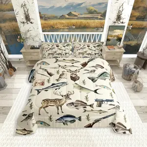 Hunting and Fishing Bedding Set,Deer Hunting Comforter Set for Kids Boys Girls,Big Bass Pike Fish Comforter Animal Print Decorative Printing Blanket