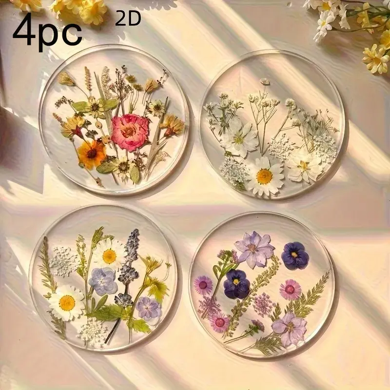 4 Piece Set Acrylic Cup Mats, Boho Placemats Set, Colorful Print Outdoor Cup Mats, Coasters For Drinks, Wedding Birthday Mother's Day Gift Table Decor, Decorative Coaster, Wildflower Art Design, Christmas Choice, Round Coaster