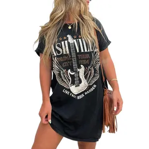 Women's Black Nashville Guitar Print Crew Neck T-Shirt Mini Dress - Casual Short Sleeve Summer Dress for Music Lovers - Fabric