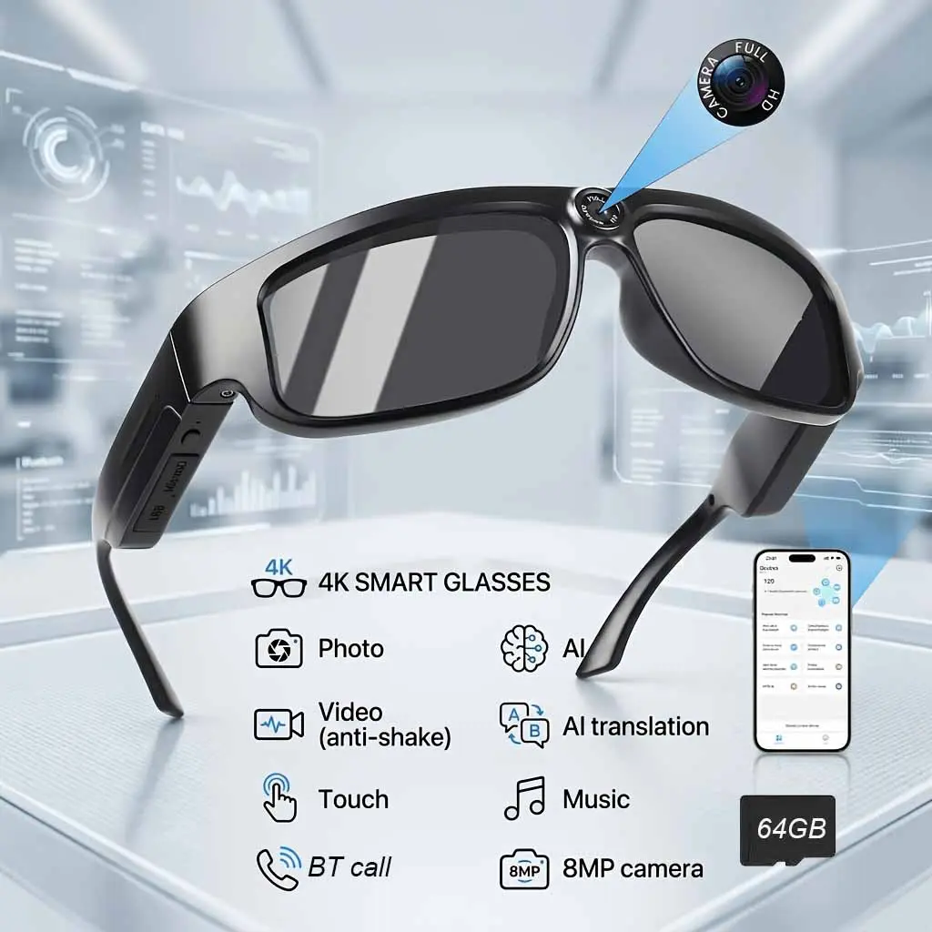 4K smart glasses,with an 8MP camera, video glasses,  with a 64GB memory card, AI translation, AI translation smart glasses, smart glasses with a camera, BT calls, anti-shake video and photo features, perfect for meetings, recording, Thanksgiving gifts