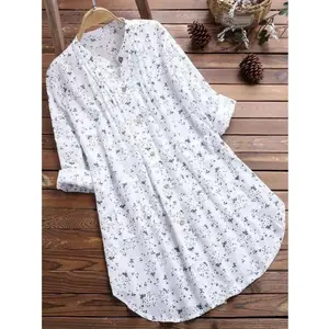 2025 New Plus Size Women's Stand Collar Loose Fit Casual Shirt European Spring Style Long Sleeve Floral Print Blouse Dress Traditional White Polyester