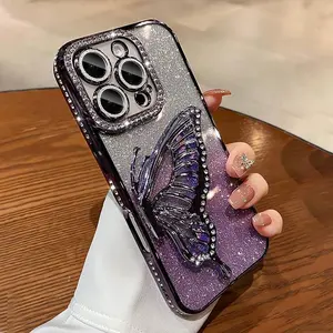 Rhinestone Butterfly Decor Phone Case, Glitter Shockproof Phone Protective Cover, Phone Accessory Compatible with iPhone 16 Pro Max 15 Pro Max 14 Plus 13 12, Casing