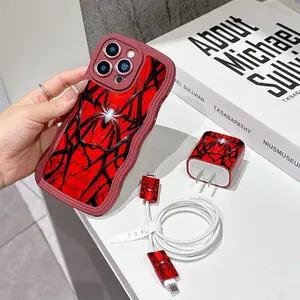 5 Piece Set Wine Simple Design Spider Case, Charger Head Cover, Cable Protector, Storage Rope, Anti-Drop Shockproof Tpu Phone Case for iPhone Accessories