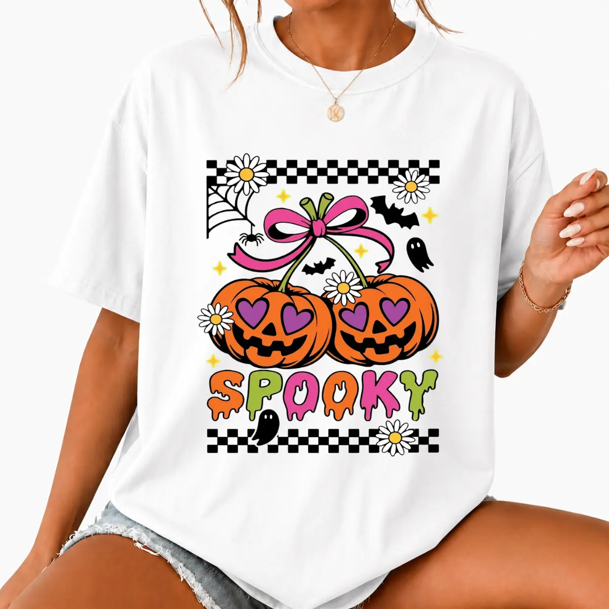 Halloween Pumpkin Ghost Graphic T-Shirt, Spooky Cute Halloween Graphic Tee, Heart Eyes Pumpkin Daisy Checkerboard Front Graphic Shirt, Front Graphic Print Tee, Fall Halloween Outfit, Cute Autumn Holiday Shirt, Gift For Women And Teens