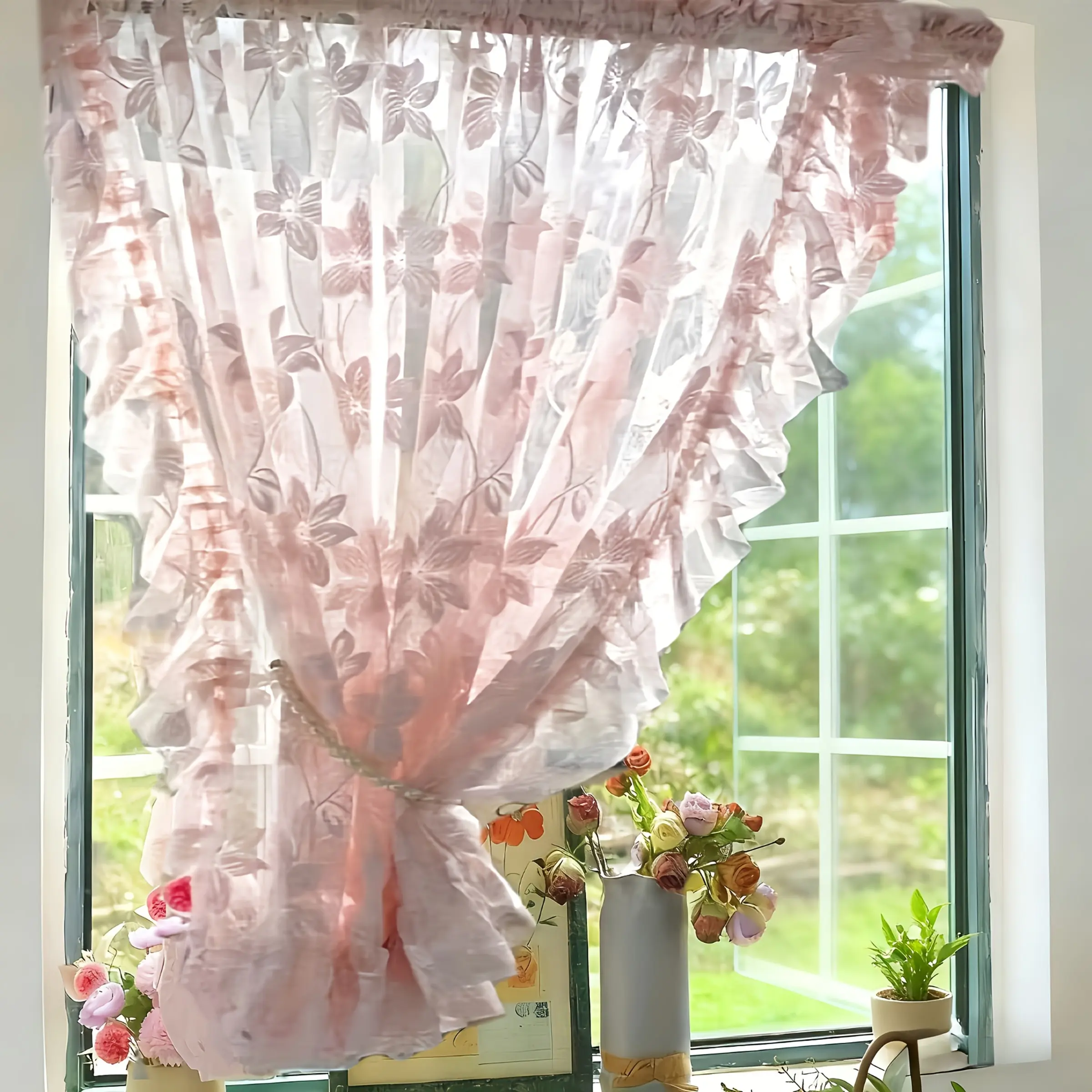 1PC，French Romantic Embroidered Sheer Window Curtain, Elegant Ruffle Design, Top Rod Pocket, Easy to Hang, Perfect for Bedroom Living Room Balcony Dormitory