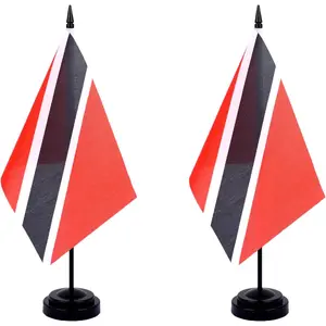 2 Pack Trinidad Flag Deluxe Desk Flag Set - Mini Small Trinidad and Tobago Table Office Flags with Black 12" Solid Pole Stand Base for Classroom Meeting Desktop Decorations