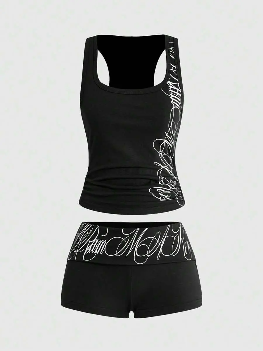 Grunge Punk 2pcs/Set Punk Cross Slogan Crop Top & Super Low-Rise Mini Shorts, Music Festival Outfit