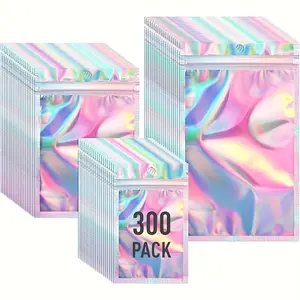 300 Holographic Lightweight Zipper Bags, Transparent Laser Foil Pet Gift Jewelry Pouches, 3 Sizes, Ideal for Earrings Necklaces Bracelets Rings Small Items