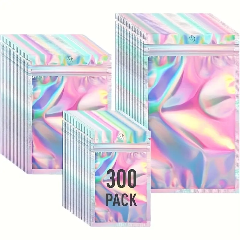 300 Holographic Glossy Lightweight Zipper Bags, Transparent Laser Foil Pet Gift Jewelry Pouches, 3 Sizes, Versatile Use, Ideal for Earrings Necklaces Bracelets Rings Small Items Set, Parties, Gatherings