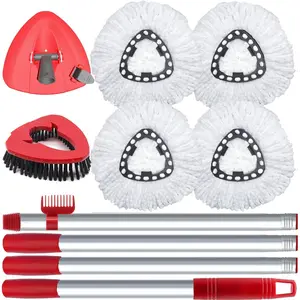 Spin Mop  and Brush Replacement Compatible with O Cedar EasyWring 1-Tank System, 4 Mop Replace Heads, 1 Mop Handle, 1 Mop Base and 1 Mop Base Scrub Brush Combo Set