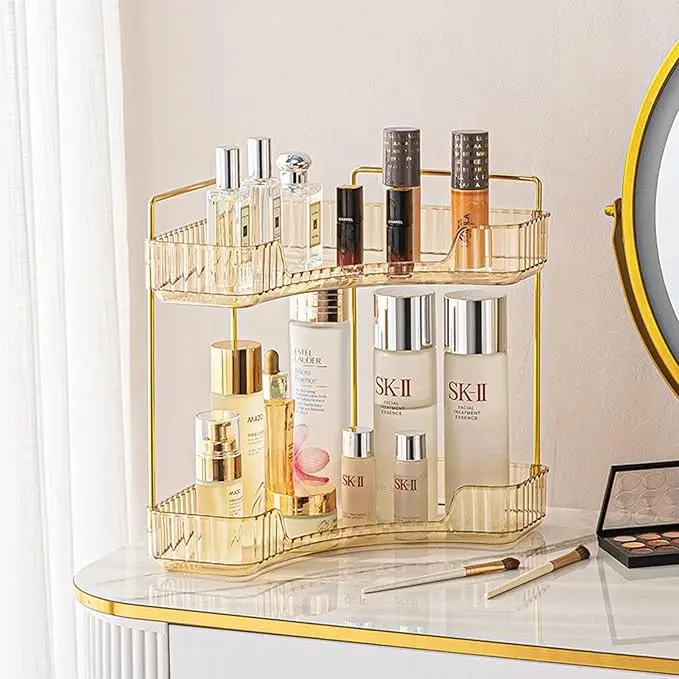 2-Tier Curved Clear Acrylic Corner Vanity Shelves with Gold Metal Frame, Dustproof Space Saving Multi Compartment Organizer, Desktop Cosmetic Storage Rack for Dresser Countertop & Bathroom Beauty Supplies