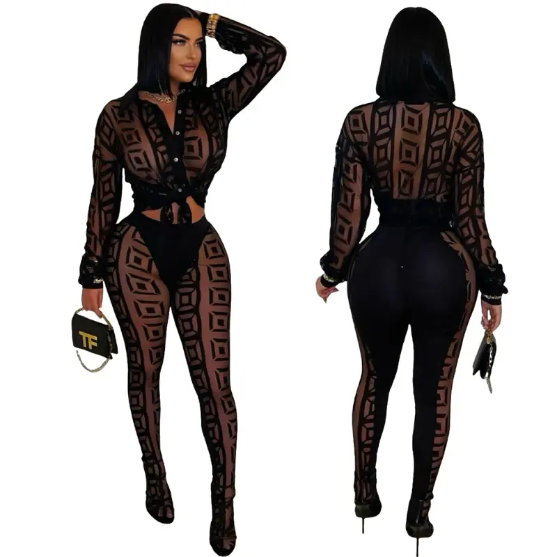 two-piece set woman Sexy Mesh See Through Women 2 Piece Outfit Sets 2025  New Female Streetwear Clothing Long Sleeve Crop Top and Skiny Pants Suits -  TikTok Shop