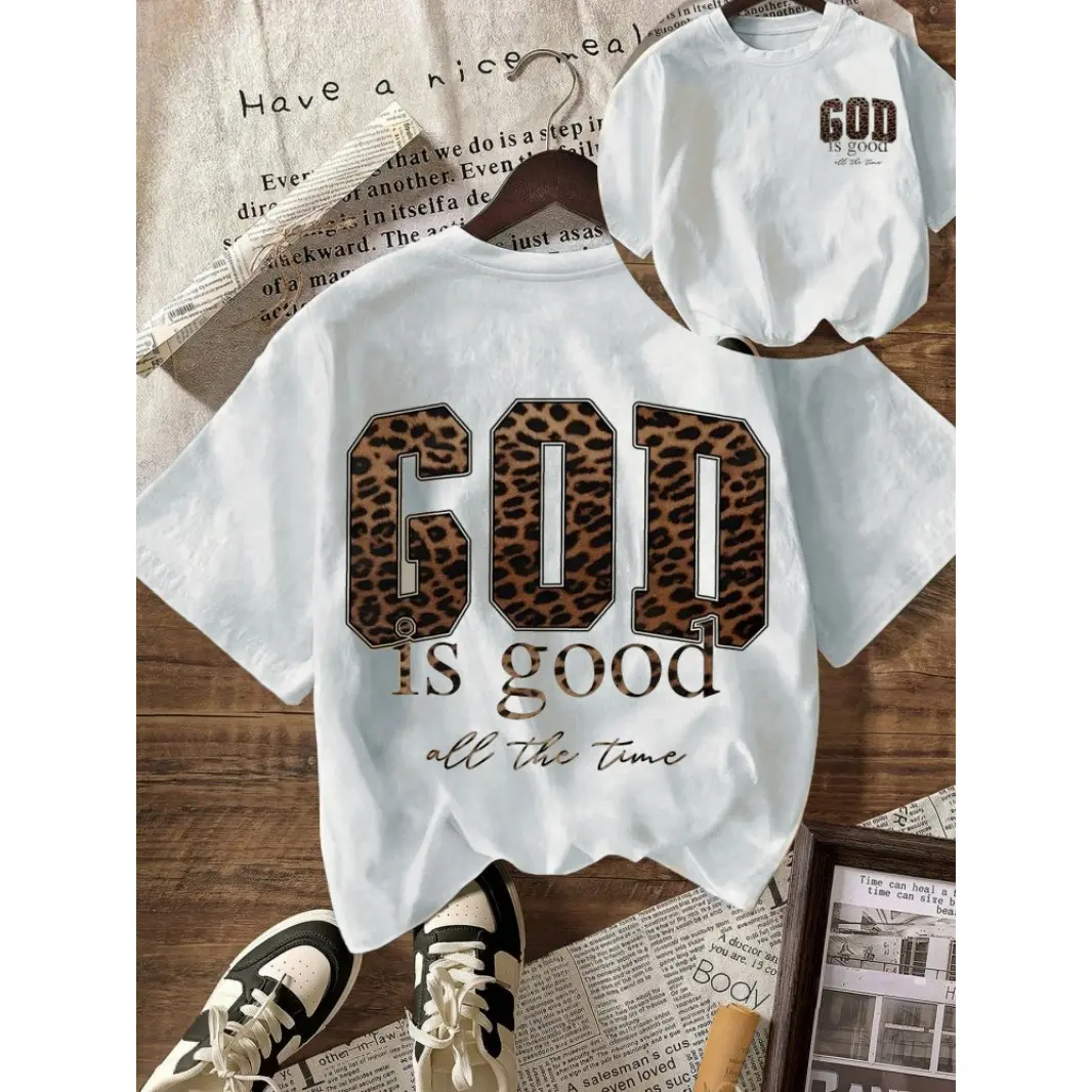 Women's Cotton Round Neck Short-Sleeve Tops - God Is Good All The Time Leopard & Cartoon Style Faith Family Freedom Graphic Tee, Casual Church Sunday Outfit, Faith-Inspired Gift, Shortsleeve, Faith Family Freedom Graphic Women's T-Shirts