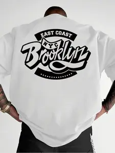 Men'S Brooklyn Logo Pattern T-shirt| Pure, White, Loose Fit, Short Sleeve, Crew Neck, Comfortable Micro Elastic, Suitable for Daily and Outdoor Sports Wear, Casual Clothing