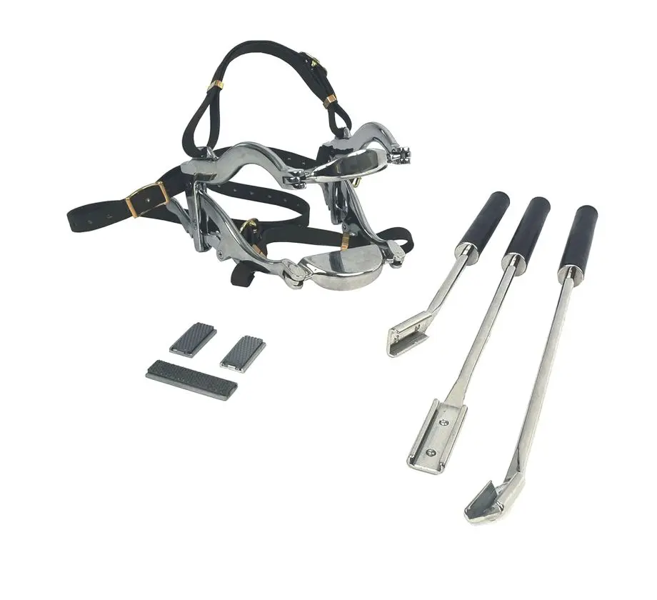 Equine Dental Kit 4000 Series–Horse Mouth Speculum Padded Leather Straps + 3 Floats with Blades–Stainless Steel Veterinary Instruments for Horse Teeth Floating,Equine Oral Care Tools Set