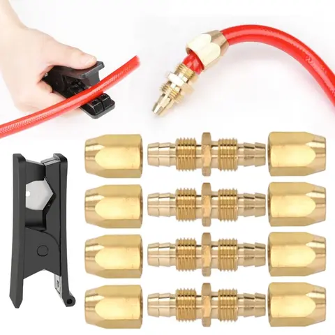 4PCS Solid Brass Corrosion-Resistant Hose Repair Kit with Cutter, Attachment, 1/4 in ID Polyurethane Hose Fit, 300PSI Reusable Splicer Ends, -40 to +250°F, Works in Garages, Shops, and Homes, Hose Attachment