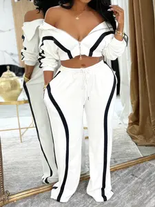 Women's Casual Sporty Colorblock Knit Cardigan Set, Slim-Fit Crop Top & Wide-Leg Pants, Fall Winter Fashion, Daily Wear