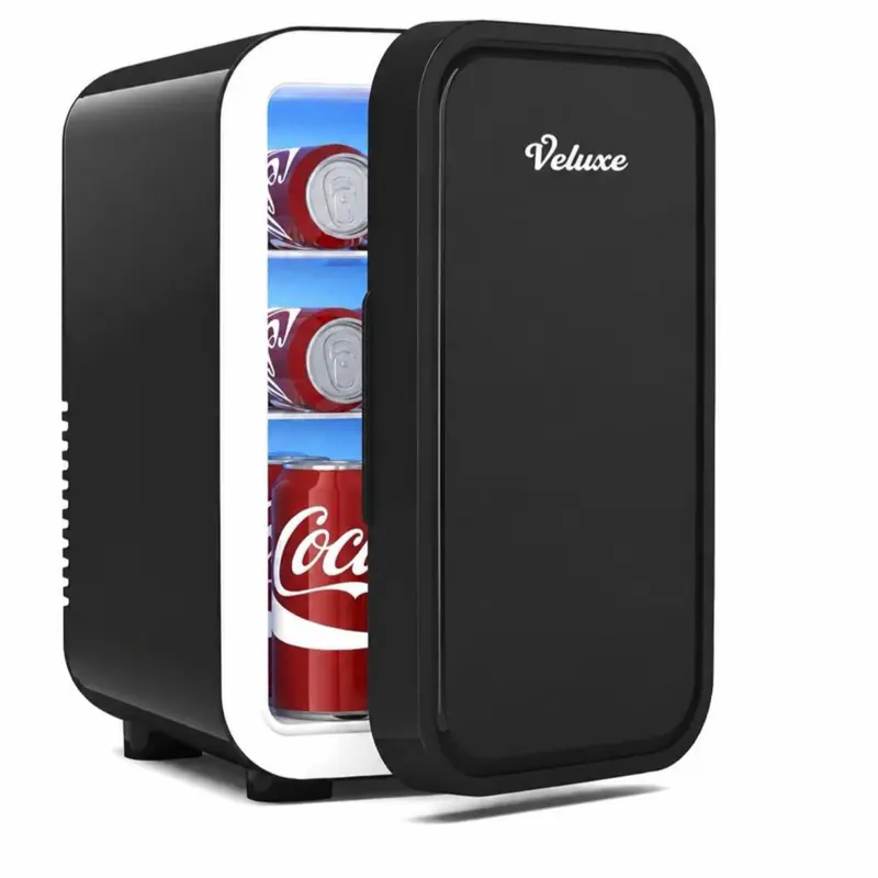 VELUXE 6L/8-Can Mini Fridge, 110V AC-12V DC Cooler & Warmer for Bedroom, Office, Cars, Dorms,Compact Portable Energy-Saving Low-Noise Black Refrigerator for Food, Drinks, Skincare