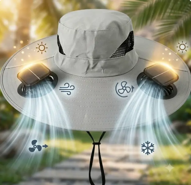 Dual Solar-Powered Fan Bucket Hat, UPF50+ Wide Brim Breathable Mesh Sun Protection Hat for Fishing, Camping, Men & Women Gift