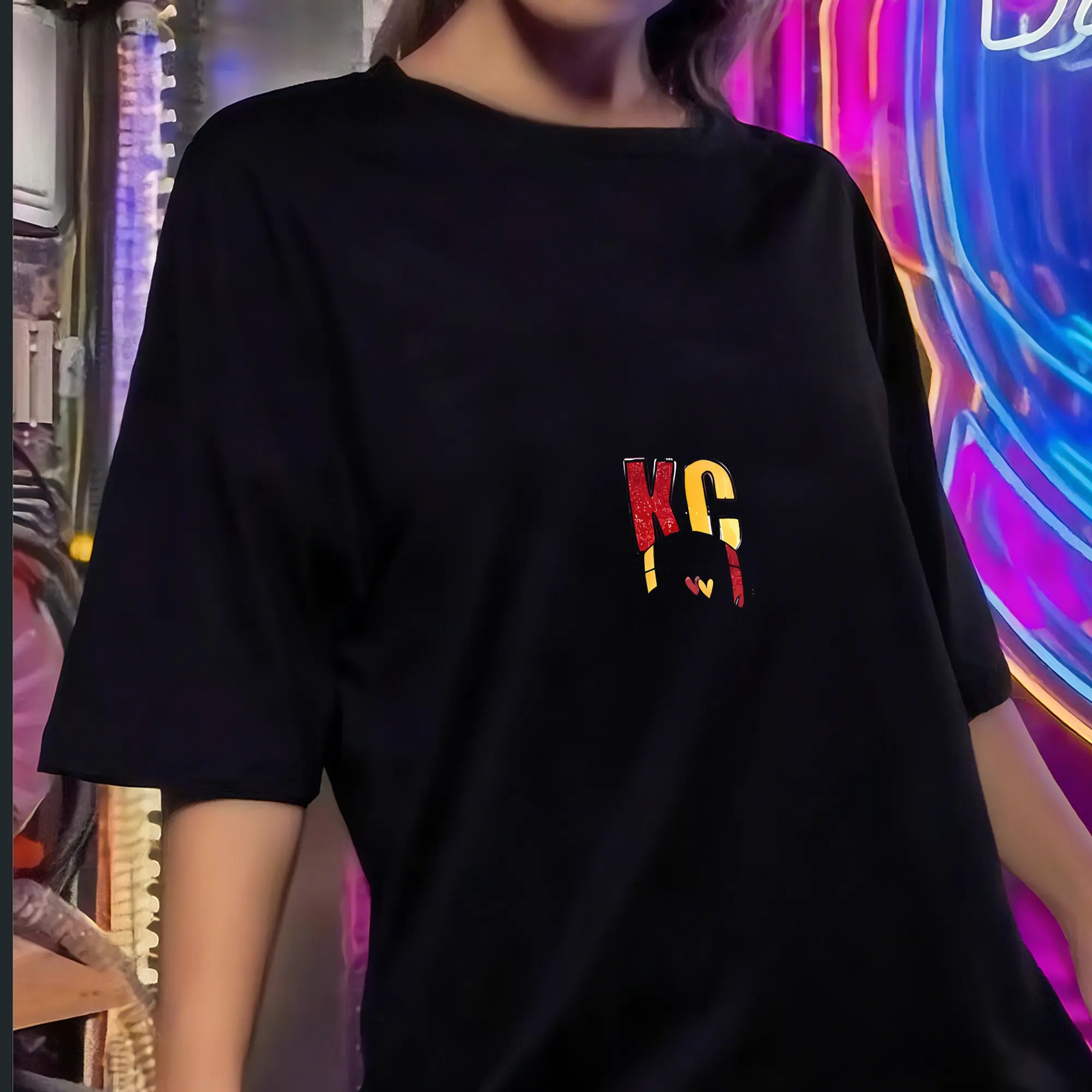 Women's Cotton T-Shirt, Oversized Streetwear Fit with Round Neck, Statement Graphic Tee with Hidden Pocket and Matching Scrunchie