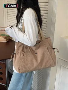 Lazy style drawstring multi pocket large capacity Hobo crossbody bag | Relaxed silhouette with a casual atmosphere, adjustable wide shoulder straps for comfortable shoulder tightness, side pockets with drawstring design, can hold computers, books, umbrell