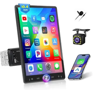10.4 Inch Single DIN Car Stereo with Wireless Carplay Android Auto, HD Touchscreen Auto Radio with Bluetooth FM/RDS EQ Mirror Link USB/AUX-in/TF Card Port SWC Backup Camera MIC
