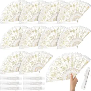 12 count Rose Lace Fan Handheld Floral Folding Fans with Organza Bags Chinese Retro Foldable Decor Bridal Dancing Prop Hand Held  Costume for Party Wedding Birthday Church ()