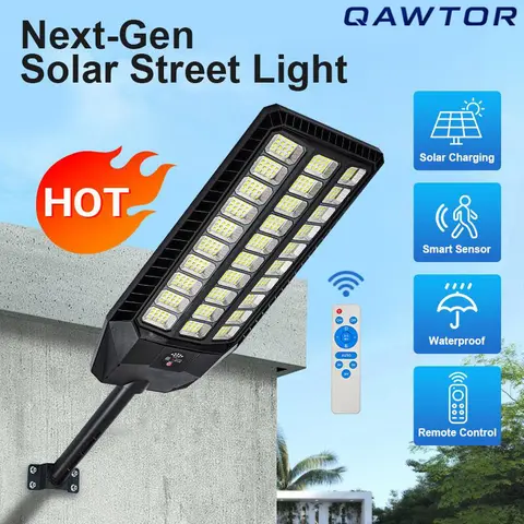 Qawtor Solar Street Light Outdoor Solar Parking Lot Light with Motion Sensor IP65 Waterproof Commercial Lighting 360 SMD LEDs Adjustable Angle Remote Control