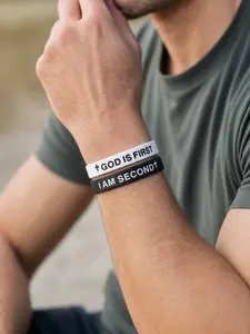 God is First Bracelet Set of 2 - I Am Second Motivational Message Religious Easter Gift Casual Fashion Bracelet, Unique Pattern, Unisex Design, Stackable Bracelets, Stacking Bracelet