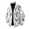 Men's Tie-Dye Fleece Stand Collar Long Sleeve Trendy Outerwear - Autumn Winter Warm Woven Badge Zip-Up Cardigan with Grey Sheepskin Infusion, Loose Casual Menswear Top