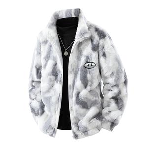 Tie-Dye Fleece Stand Collar Jacket Autumn Winter Warm Men's Trendy Loose Casual Zip-Up Cardigan Sheepskin Coat Menswear Stylish Tops Outfit Grey