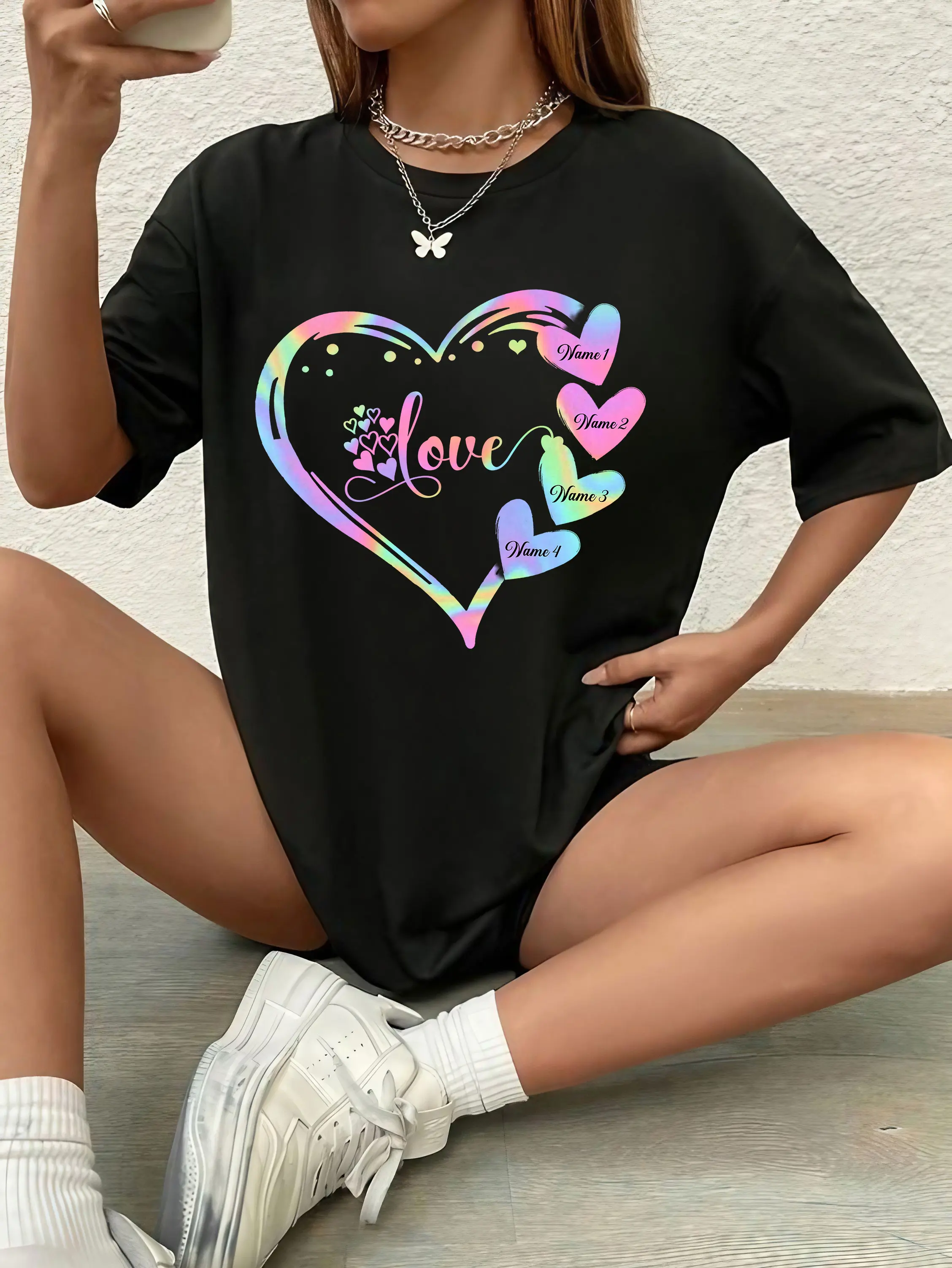 Retro Love Shirt, Personalized Up To 4 Names T-Shirt, Funny Valentines Day Gift For Couples Women Men Graphic Tee Tshirt, Customized Heart Short Sleeve T Shirts