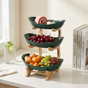 Nexapick 3-Tier Bamboo Ceramic Bowl Rack - 33x17x23cm Stackable Refrigerator Organizer, Open Serving Platter for Fruits & Snacks, Space-Saving Kitchen Counter Room Decor