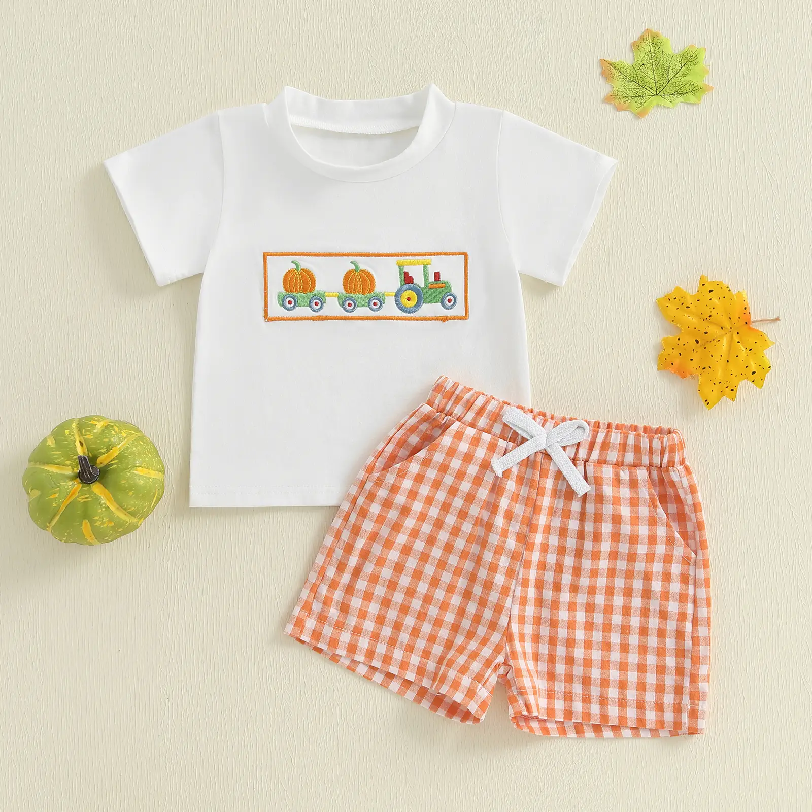 Toddler Baby Boy Halloween Outfits Pumpkin Truck Embroidery Short Sleeve T-Shirt and Plaid/Stripe Shorts Set 6M-4Y