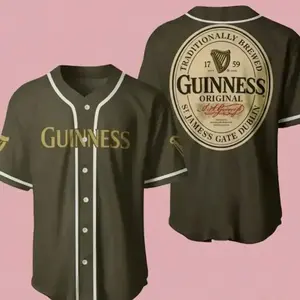 Army Green Guinness Baseball Jersey Men Women Oversized Streetwear Sports Shirt Team Jersey Fan Outfit Unisex Casual Top