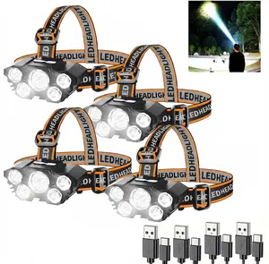 4 Pack Rechargeable LED Headlamp, Super Bright 5-LED Headlight with 4 Lighting Modes, USB Charging, Waterproof Hands-Free Flashlight for Camping, Hiking, Running, Fishing, Hard Hat Compatible, All-Weather Outdoor Gear