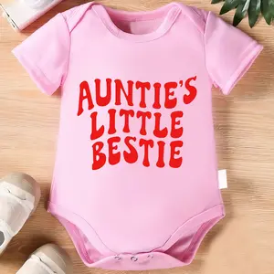 "AUNTIE'S LITTLE BESTIE" printed romper for baby girls andboys, a favorite of aunts! Featuring letter print, pure cottonmaterial, suitable for all seasons, and available in multiple colors.